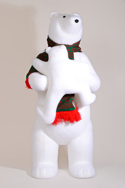 45" Standing Polar Bear W/Scarf and Baby Bear White/Green/Red