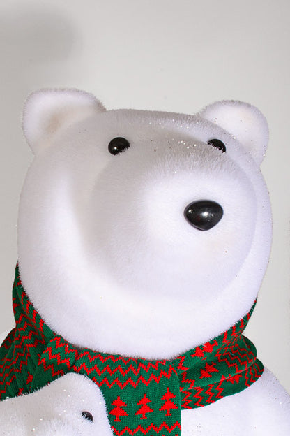 45" Standing Polar Bear W/Scarf and Baby Bear White/Green/Red