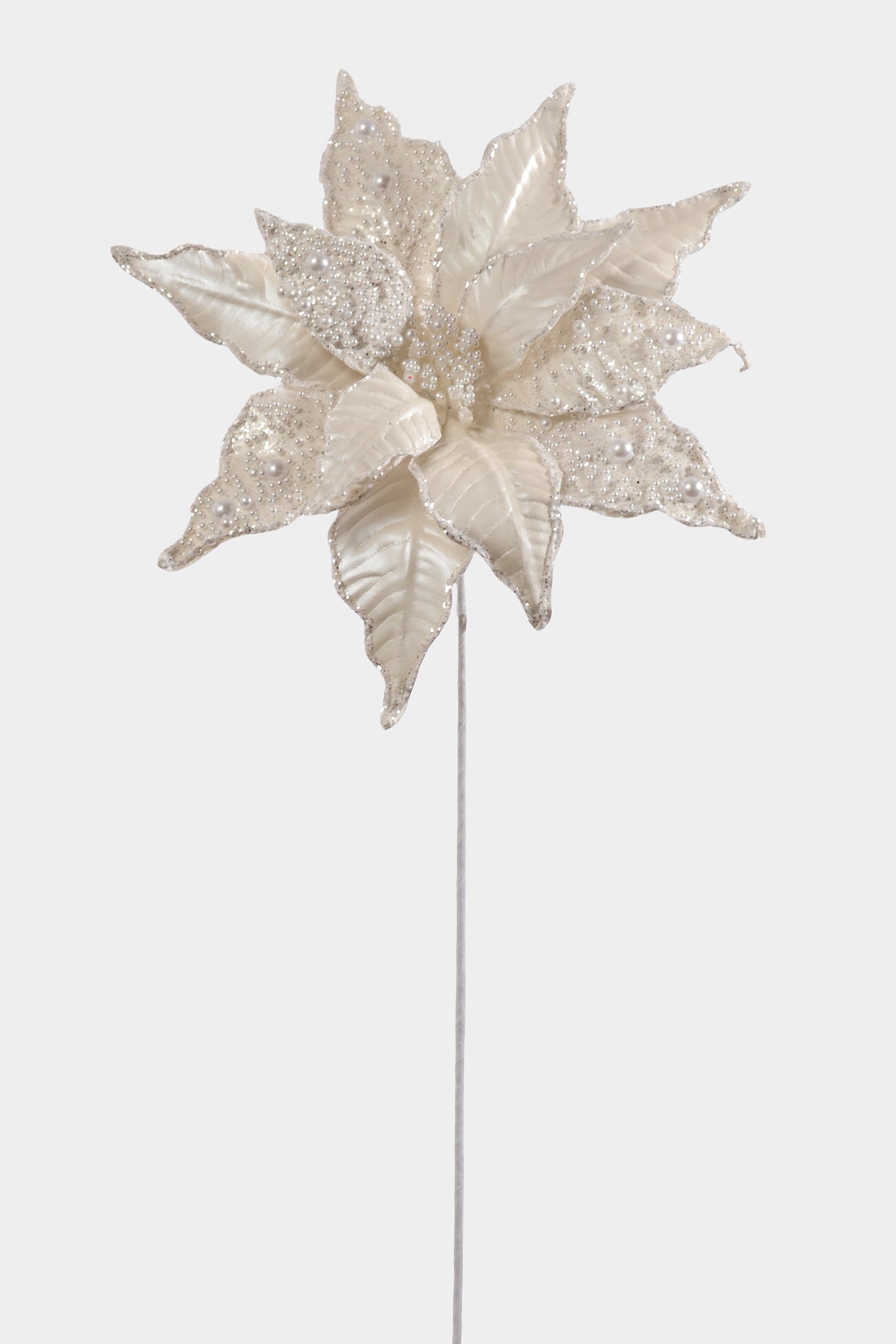 28" Pearls W/Sequins Poinsettia Stem White