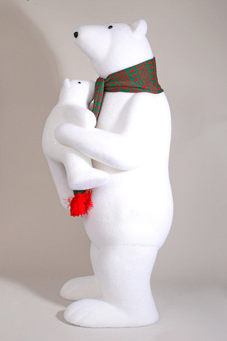 45" Standing Polar Bear W/Scarf and Baby Bear White/Green/Red
