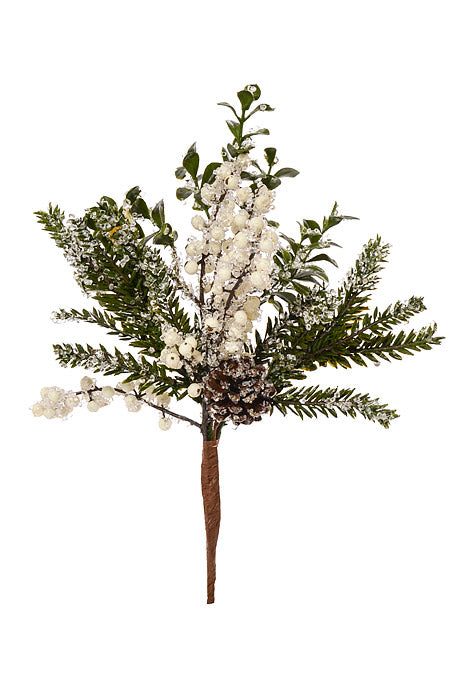 14" Waterproof Iced Berry Boxwood Fir Pick Natural/White