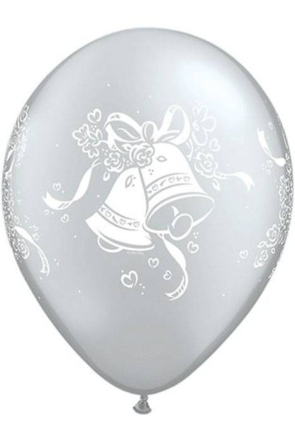 11" Round Metallic Latex Balloon Silver W/wedding Bells Pkg/100