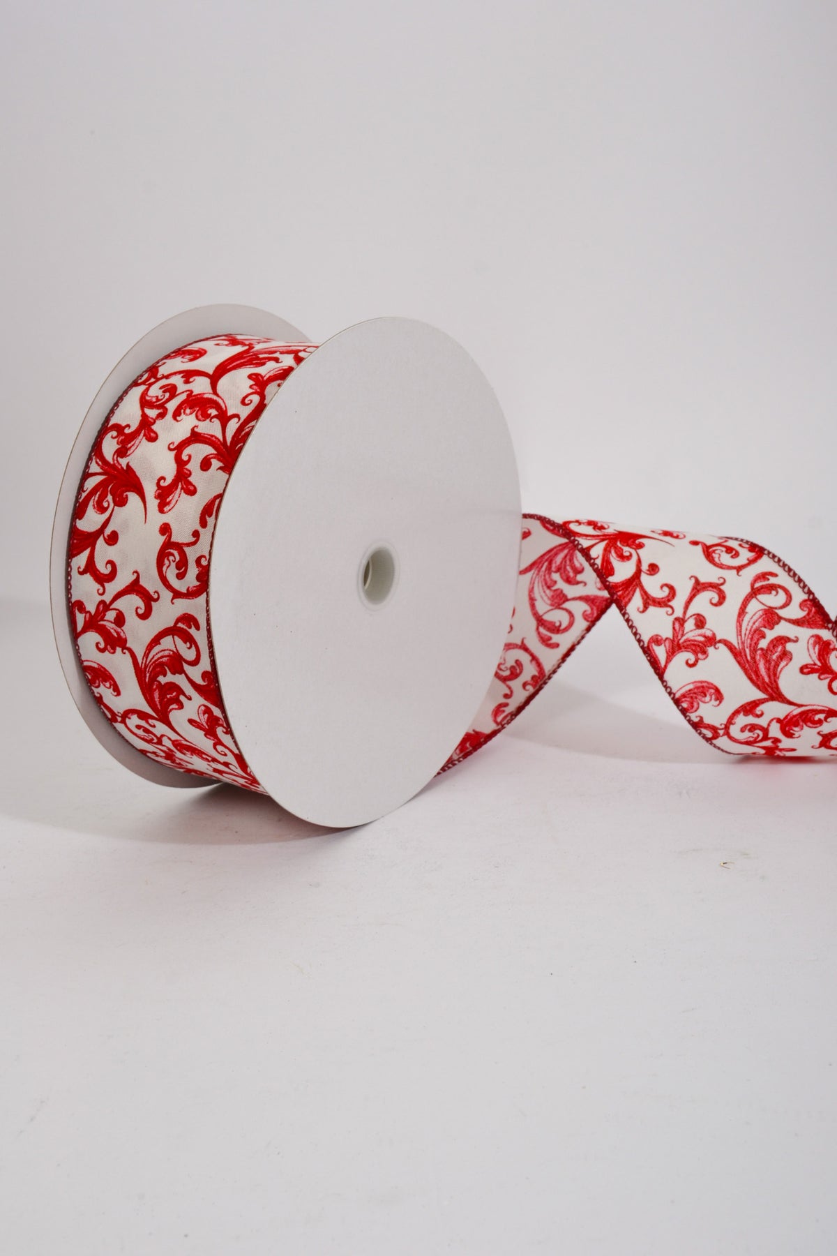2.5" X 50Yds Wired White Satin/Red Chinoiseries Swirls Ribbon
