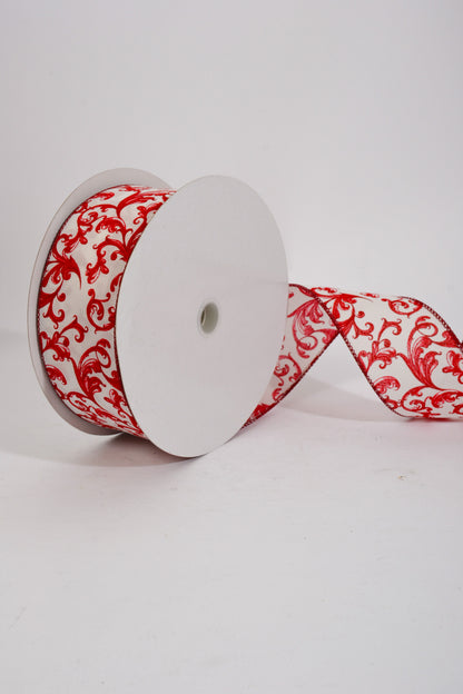 2.5" X 50Yds Wired White Satin/Red Chinoiseries Swirls Ribbon