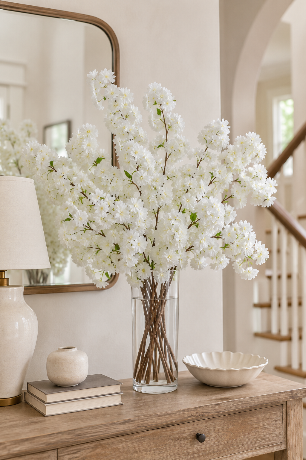 40" Silk Cherry Blossom Spray White