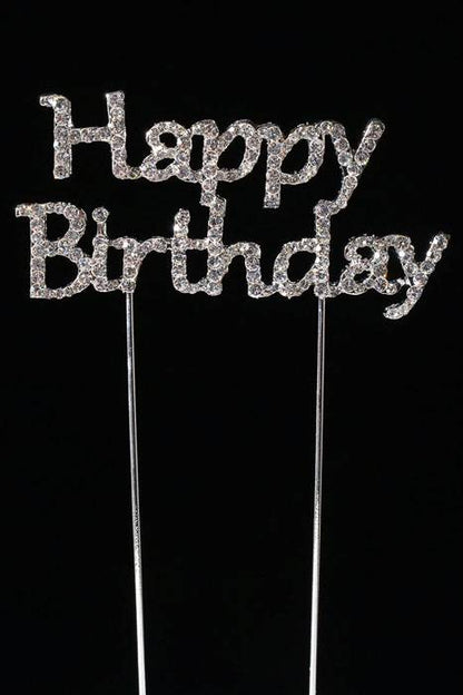 2" Rhinestone Happy Birthday Cake Topper Silver