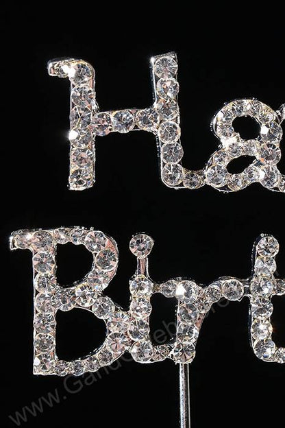 2" Rhinestone Happy Birthday Cake Topper Silver