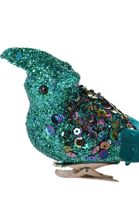 12" Long Tail Glitter Chickadee Turquoise