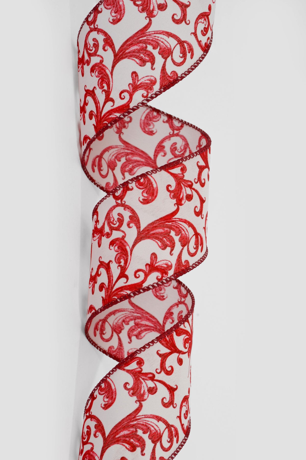 2.5" X 50Yds Wired White Satin/Red Chinoiseries Swirls Ribbon