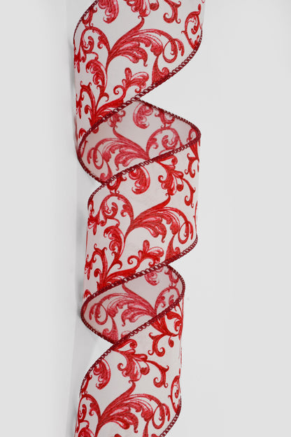 2.5" X 50Yds Wired White Satin/Red Chinoiseries Swirls Ribbon