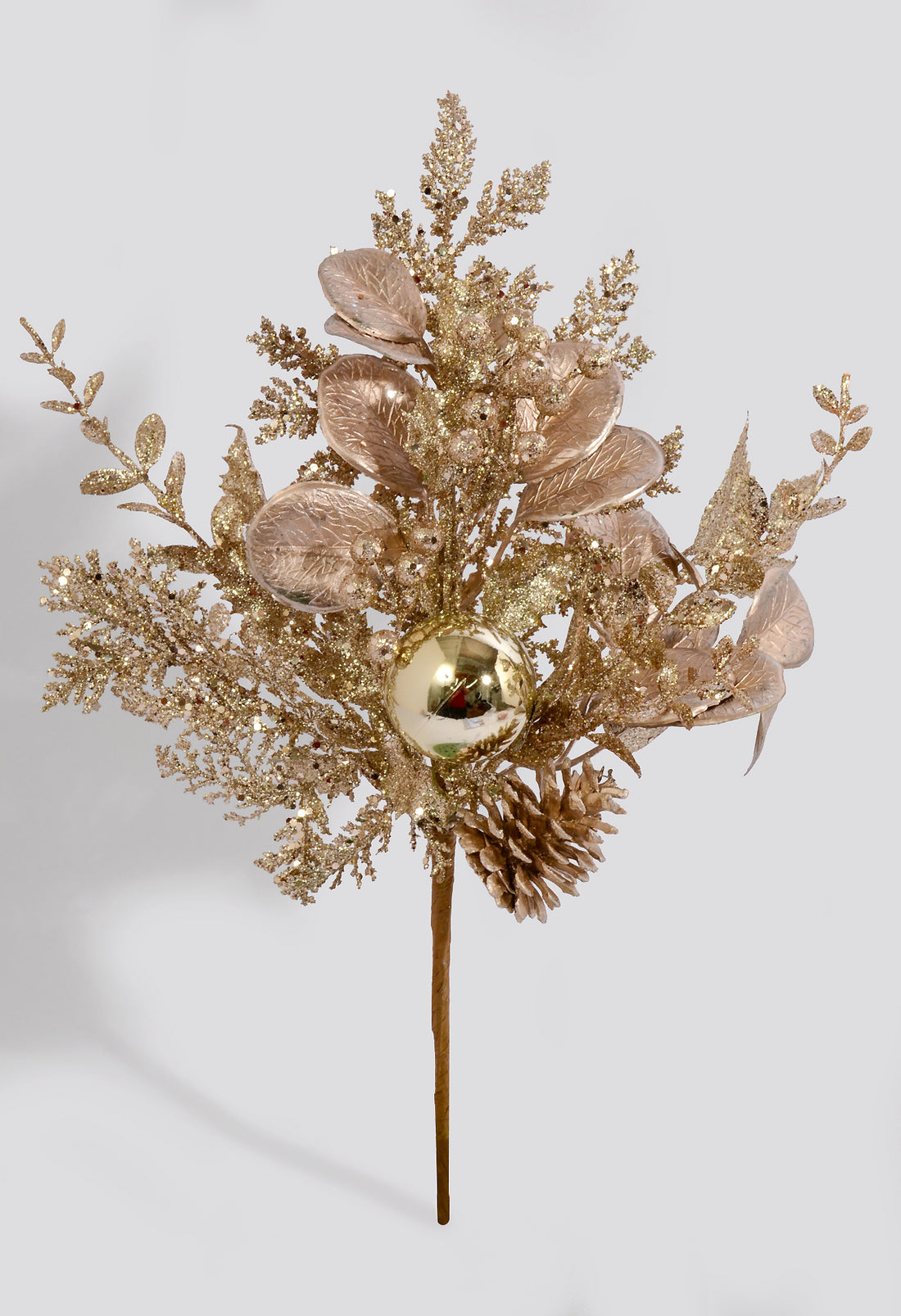 18" Glitter leaf Berry Cone Pick Champagne