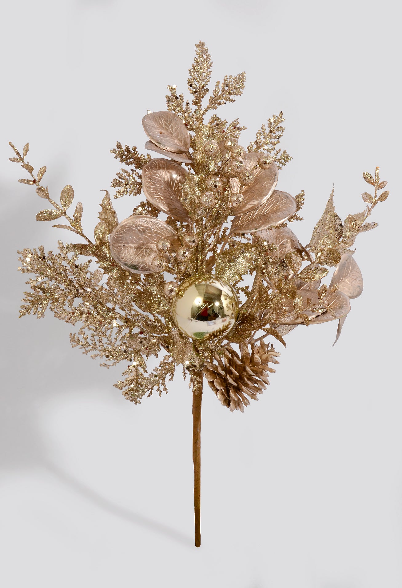 18" Glitter leaf Berry Cone Pick Champagne