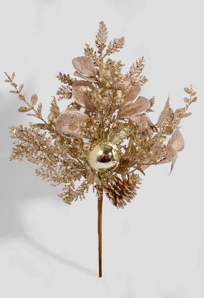 18" Glitter leaf Berry Cone Pick Champagne