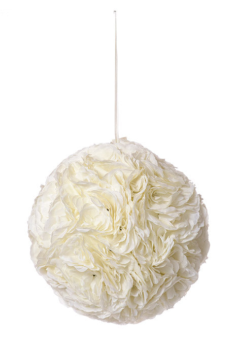 16" Rose Ball With Hang Ribbon Ivory