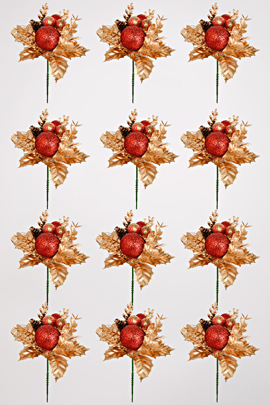 7.5" Ball Cone Eucalyptus Pick Red/Gold Pkg/12