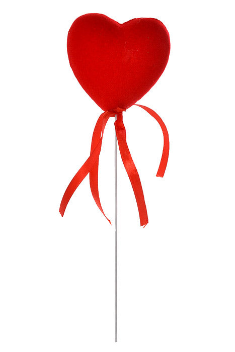 9" Velvet Heart Pick With Ribbon Red Pkg/12