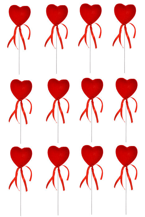 9" Velvet Heart Pick With Ribbon Red Pkg/12