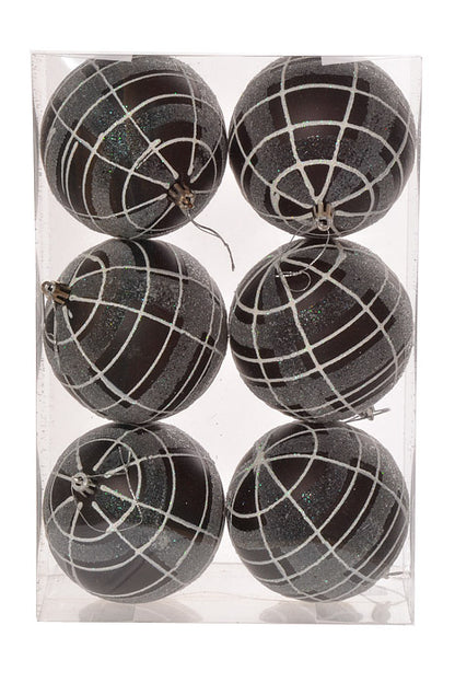 100Mm Plastic Ball With Glitter Ornament Black/White Pkg/6