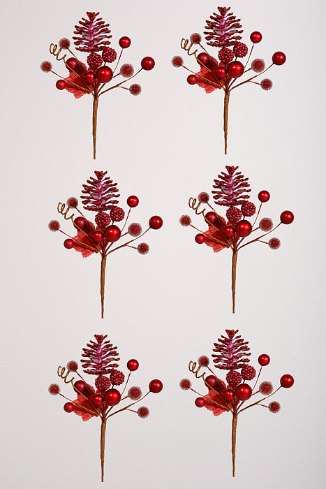7.5" Glitter Pine Cone &amp; Berry Pick Red Pkg/6