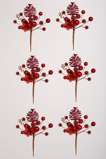 7.5" Glitter Pine Cone &amp; Berry Pick Red Pkg/6