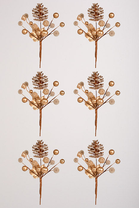 7.5" Glitter Pine Cone &amp; Berry Pick Gold Pkg/6