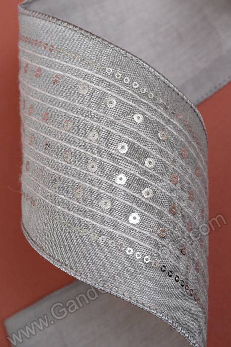 4" X 5yds Sequin &amp; Thread Canvas Wired Ribbon Grey