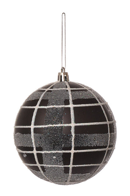 100Mm Plastic Ball With Glitter Ornament Black/White Pkg/6