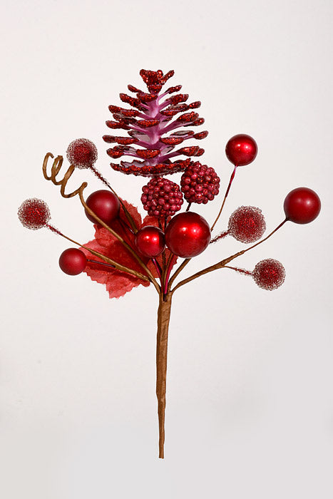 7.5" Glitter Pine Cone &amp; Berry Pick Red Pkg/6