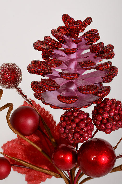 7.5" Glitter Pine Cone &amp; Berry Pick Red Pkg/6