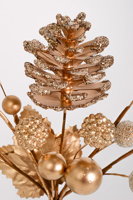 7.5" Glitter Pine Cone &amp; Berry Pick Gold Pkg/6