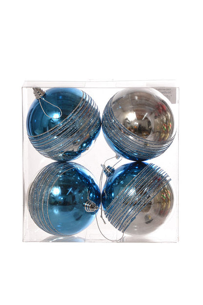 100Mm Shiny Ball With Glitter Ornament (Ombre Blue/Silver) Pkg/4