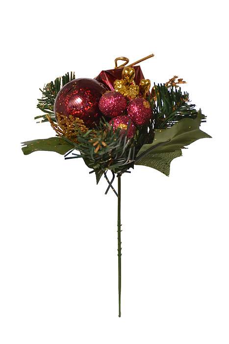 7.5" Holly Pine Pick W/ball/box/berry Burgundy Pkg/12