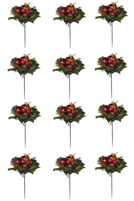 7.5" Holly Pine Pick W/ball/box/berry Burgundy Pkg/12