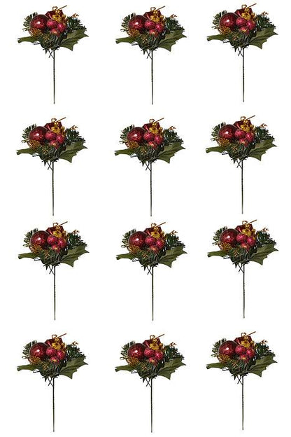 7.5" Holly Pine Pick W/ball/box/berry Burgundy Pkg/12