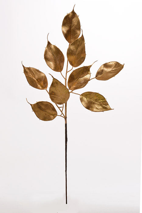 23" Glitter Ficus Leaf Spray Gold Pkg/6