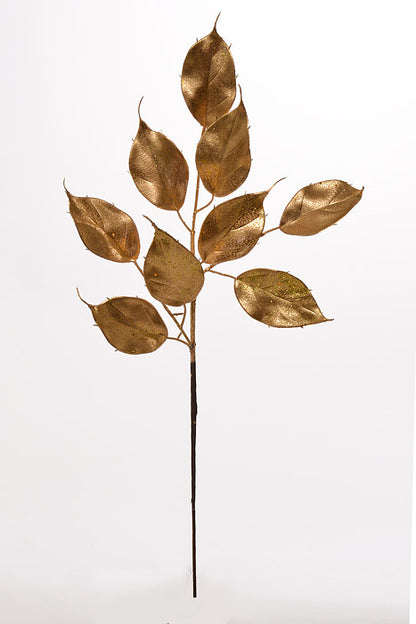 23" Glitter Ficus Leaf Spray Gold Pkg/6