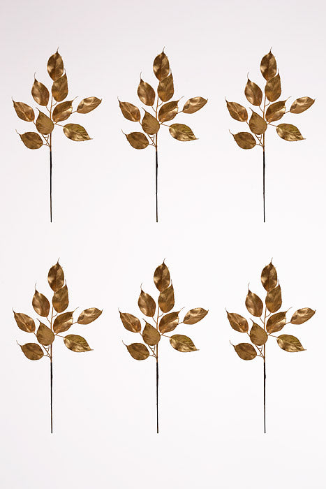 23" Glitter Ficus Leaf Spray Gold Pkg/6