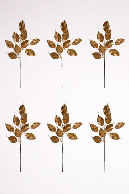 23" Glitter Ficus Leaf Spray Gold Pkg/6