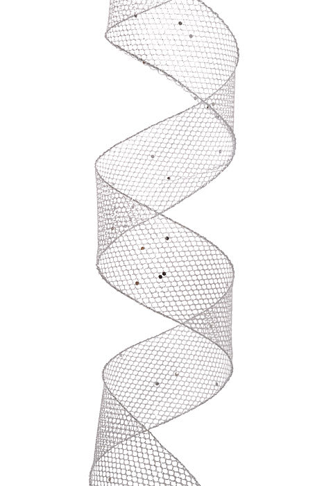2.5" X 10Yds Wired Net With Glitter Ribbon Silver