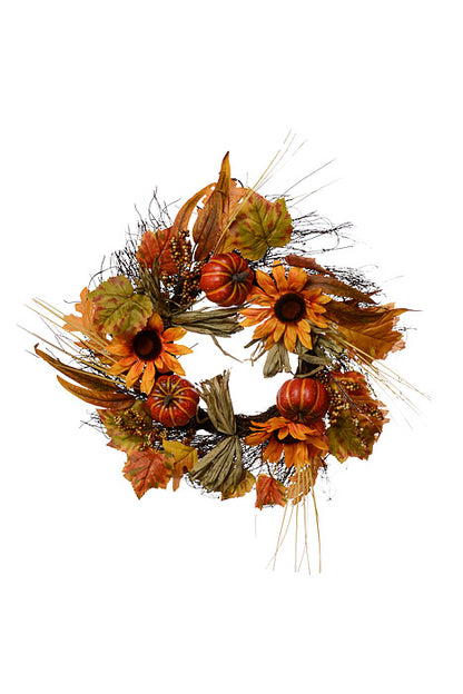 22" Sunflower/Pumpkin/Maple Wreath Orange/Green