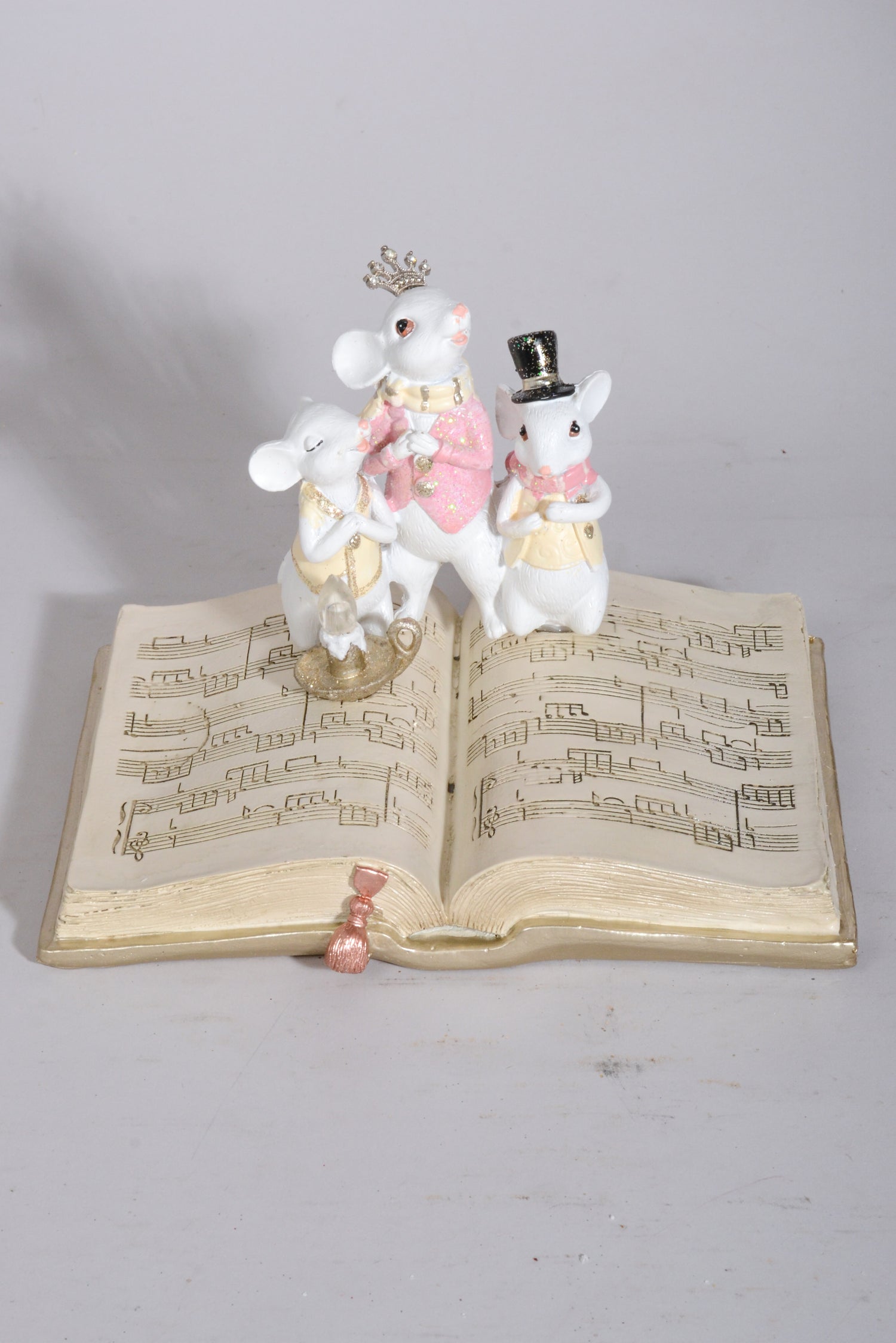 8.75" Singing Mice On Music Book with Candle Beige/White/Pink