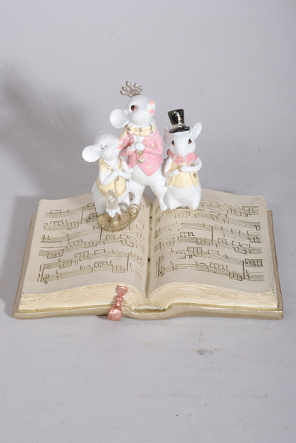 8.75" Singing Mice On Music Book with Candle Beige/White/Pink