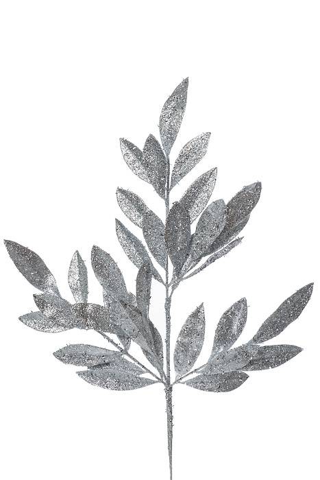 20.5" Glitter Bay Leaf Spray Silver Pkg/3