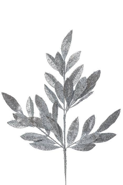 20.5" Glitter Bay Leaf Spray Silver Pkg/3