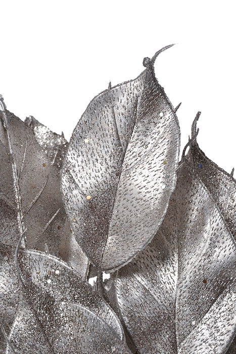 22.5" Glitter Ficus Leaf Spray Platinum Pkg/6