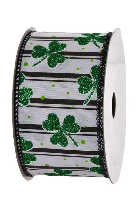 2-1/2" X 10Yds Wired Shimmering Shamrocks Ribbon White/Green