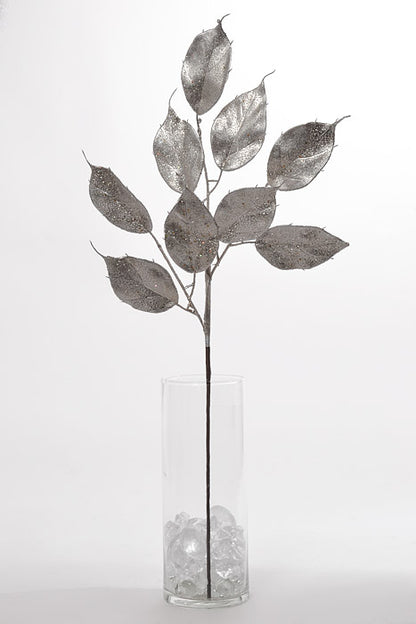 22.5" Glitter Ficus Leaf Spray Platinum Pkg/6