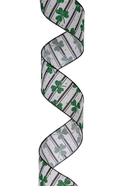2-1/2" X 10Yds Wired Shimmering Shamrocks Ribbon White/Green
