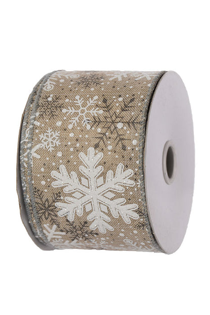 2.5" X 10Yds Wired Glitter Snowflakes Dots Natural Linen Ribbon Gray/White