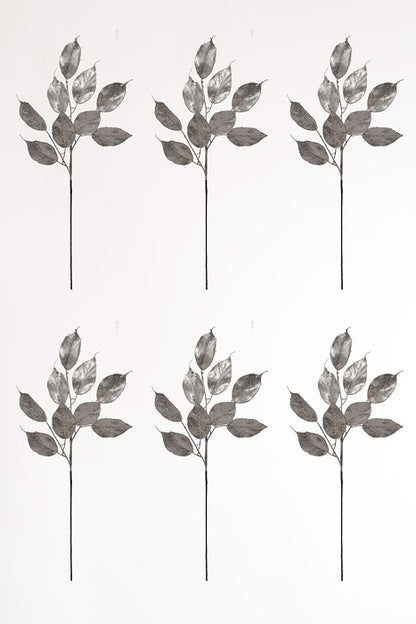 22.5" Glitter Ficus Leaf Spray Platinum Pkg/6
